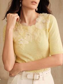 Anewsta Summer Casual Pale Yellow Textured Floral Decor Knit T-Shirt, Versatile Elegant Garden Party - Pale Yellow - View 3