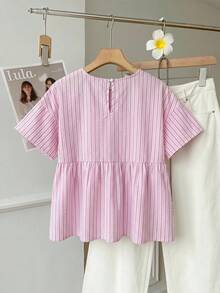 SHEIN EZwear 夏季多巴胺粉色條紋編織女款襯衫上衣，適合日常通勤、約會、聚會、秋冬/夏季、聖誕節、新年、感恩節、派對、婚禮、海灘、畢業典禮、時尚、優雅、休閒、通勤、亮面、情人節、優雅、度假、畢業典禮及其他場合 - 粉色 - 查看 2