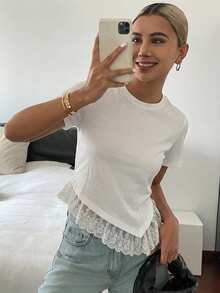 DAZY 女款純色圓領短袖拼接蕾絲飾邊休閒夏季上衣校園風 - 白色 - 查看 7