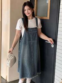 Dazy Plus Dark Wash Distressed Denim Overall Maxi A-Line Dress, All Season - Medium Wash - View 6