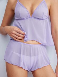 Elorette 2pcs Light Purple Mesh Patchwork Sheer Ruffle Pure Charm Elegant Minimalist Camisole + Shorts Women's Pajama Set - Purple - View 6