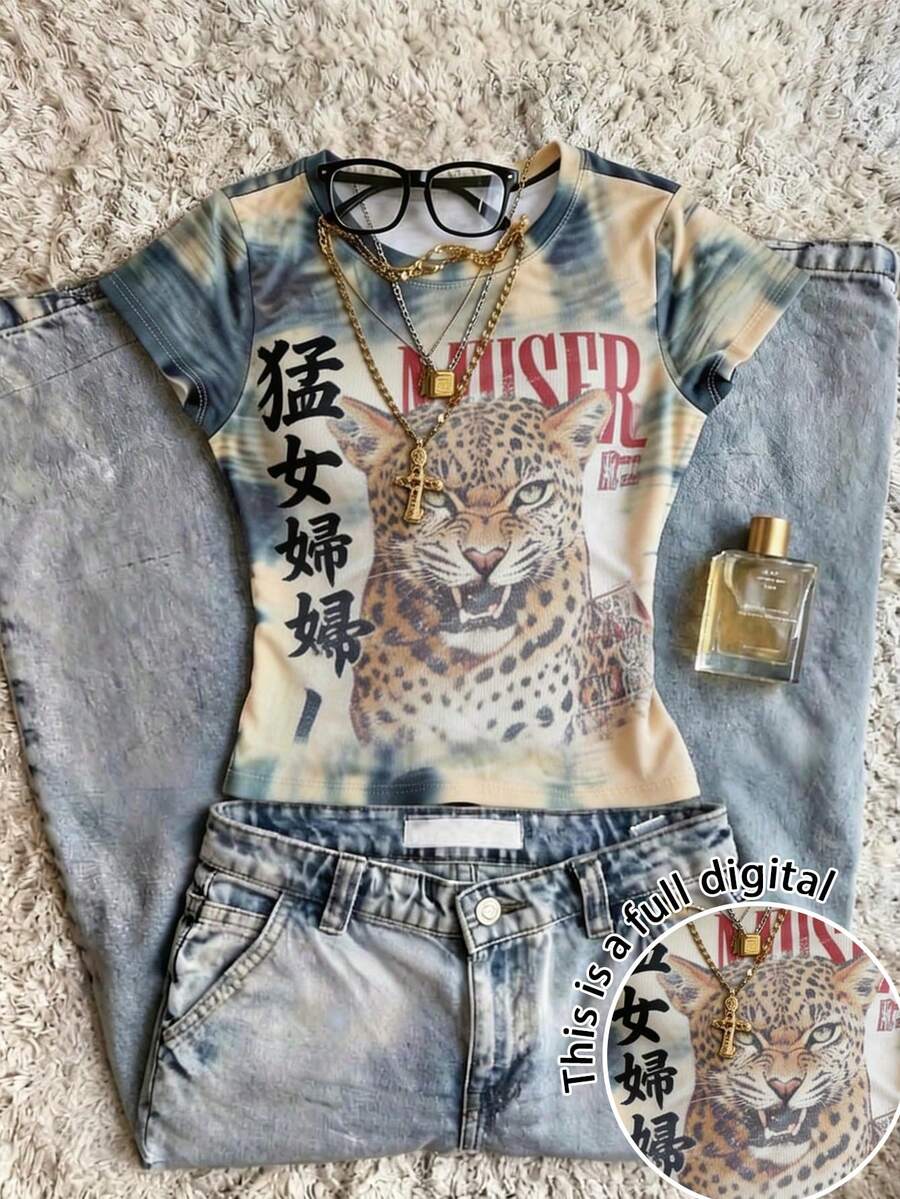 INAWLY 女士复古街头风扎染豹纹字母印花露脐修身短款T恤,性感休闲短袖上衣 - 彩色 - 查看 1