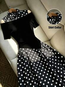 RosyDaze Black And White Polka Dot Off-Shoulder Dress Elegant Asymmetric Two-In-One Shirt Dress Ribbed Knit Short Sleeve Summer Vacation Party Tea Outfit - Black - View 5