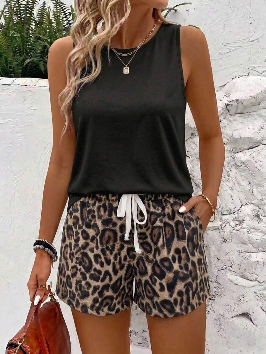 EMERY ROSE Vacation Style Casual Minimalist Black Solid Color Plus Size Women's Round Neck Tank Top And Brown Leopard Print Shorts 2pcs Set Suitable For Summer - Black - View 1