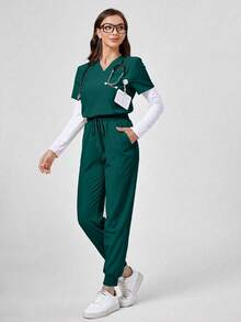 TaskEZ Set Seragam Medis Atasan Lengan Pendek dan Celana Warna Polos - Dark Green - View 3