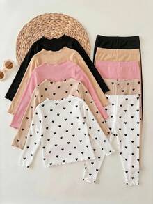 SHEIN 10pcs Set Baju dan Celana Panjang Rajut Warna Polos Motif Hati Kerah Berkerut untuk Bayi Perempuan Musim Gugur/Dingin - MultiWarna - View 2