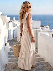 Balvessa Bohemian Lässig Minimalistisch Urlaubsstil Gestreiftes Lockeres Camisole Kleid mit Flügelförmigen Ärmeln für Frauen - Khaki - Übersicht 2