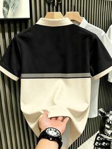 Manfinity Hypemode Men's Retro Sports Style Colorblock Patchwork & Striped Noble Horse Logo Silhouette Polo Shirt - Multicolor - View 2
