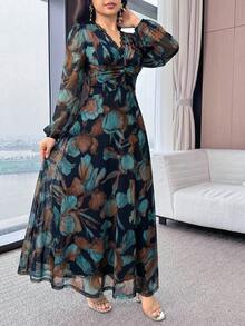 Modelyn 女款全花卉印花蕾絲拼接領口休閒日常長洋裝 - 彩色 - 查看 6