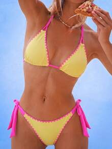 Swim Vcay Women's Triangle Cup Vacation Sexy Solid Color Floral Trim Bikini Two-Piece Swimsuit Set - Pink - View 4