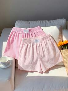 Comfortcana 2件組女款夏季休閒寬鬆短褲，亞麻蝴蝶結條紋短褲與粉色抽繩圍裹短褲，適合海邊度假，超短短褲 - 粉色 - 查看 4