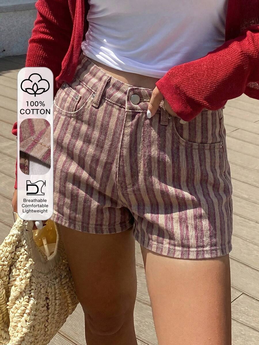 Livesso 春夏復古水洗粉色細條紋音樂節情人節休閒街頭戶外熱辣女孩女款牛仔短褲 - 粉色 - 查看 1