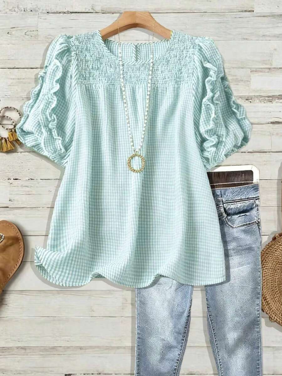 Linhara Kemeja Wanita Ukuran Besar Tenun Reguler Musim Panas Kasual Nyaman untuk Perjalanan Pulang Pergi Leher Bulat Lengan Pendek Tepi Berkerut Warna Kontras Hitam & Putih - Mint Blue - View 1