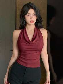 DAZY 春夏紅色垂領吊帶背心音樂節情人節婚禮休閒度假海灘短版女款背心上衣 - 酒紅色 - 查看 4
