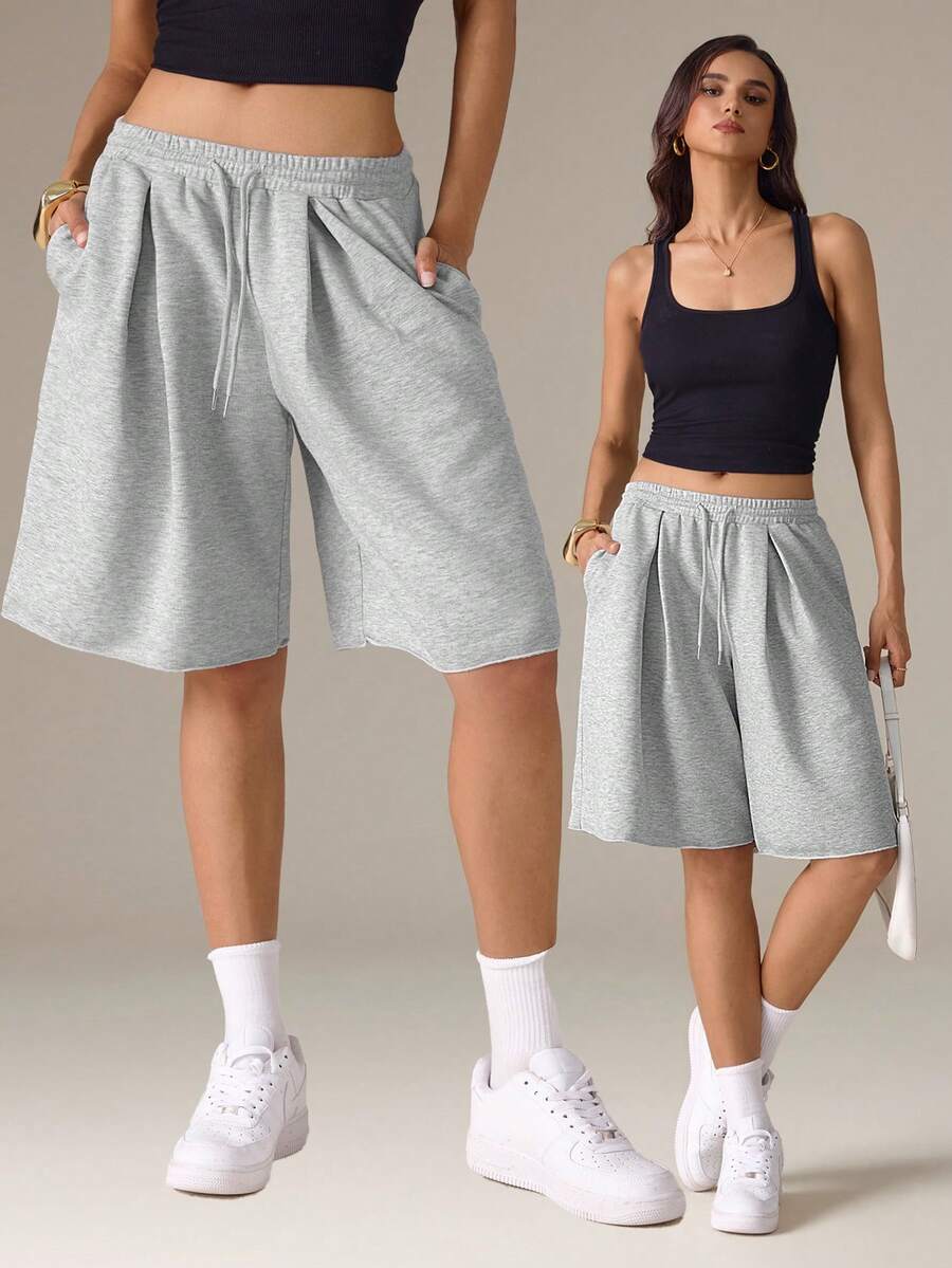 SHEIN Tall 女款春夏街頭風度假日常穿著返鄉休閒運動基礎寬鬆低腰百慕達跨襠褲,適合高個女性 - 灰色 - 查看 1