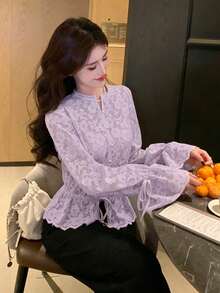 DAZY Women's Solid Color Lace Splice Drawstring Hem Ruffle Tie Elegant Vacation Blouse, Spring/Autumn Long Sleeve - Purple - View 5