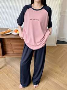 DAZY 字母印花落肩袖寬鬆短袖女款居家服兩件套 夏季睡衣 - 藏蓝色 - 查看 6