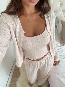 DAZY Sweet Floral 3-Piece Set Spring Outfit Pink Women's Pajama Set - Beige - View 5