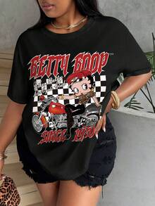 Betty Boop x SHEIN Plus Size Women's Black All-Over Print Round Neck Short Sleeve Fashion T-Shirt - White - View 7