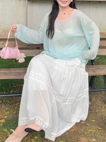 Dazy Plus Solid Color Large Scoop Neck Half-Open Placket Long Sleeve T-Shirt Spring Summer - Mint Green - View 7