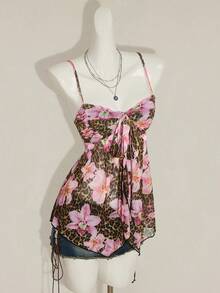 SHEIN ICON 女款印花細肩帶網眼背心上衣，度假休閒風 - 彩色 - 查看 7