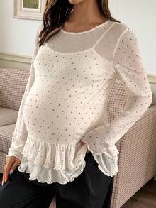 DAZY Small Round Neck Fashion Polka Dot Patchwork Frill Trim Long Sleeve Base Layer Maternity T-Shirt For Spring And Summer - White - View 5