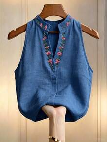 Louniche 女款花卉刺繡立領無袖上衣，夏季優雅通勤上衣 - 藍色 - 查看 3