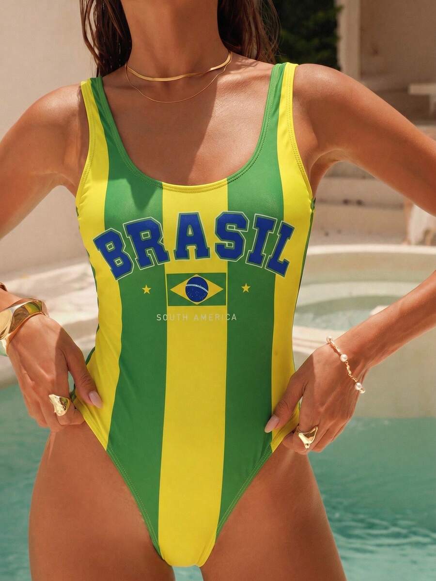 SHEIN Swim 世界盃足球巴西新款女式一件式雙肩帶泳衣,島嶼海灘度假休閒亮色泳池派對運動休閒女式泳裝 - 綠色 - 查看 1