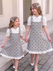 SHEIN Young Girls' 2 In 1 Dress With Bowknot Print, White Puff Short Sleeves, Cinched Waist, A-Line Bowknot Design, Patchwork Detail, Suitable For Parties, Outings And School Wear - Grey - View 9