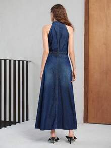 MOTF PREMIUM V-NECK HALTER NECK CINCHED WAIST LONG NAVY BLUE DRESS FOR WOMEN VACATION SUMMER CASUAL - Blue - View 6