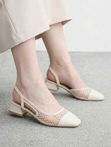 CUCCOO BIZCHIC Women's Shoes Spring And Summer Square Toe Short Thick Heel Rice Apricot Splicing High Heel Shoes - Rice apricot - View 8
