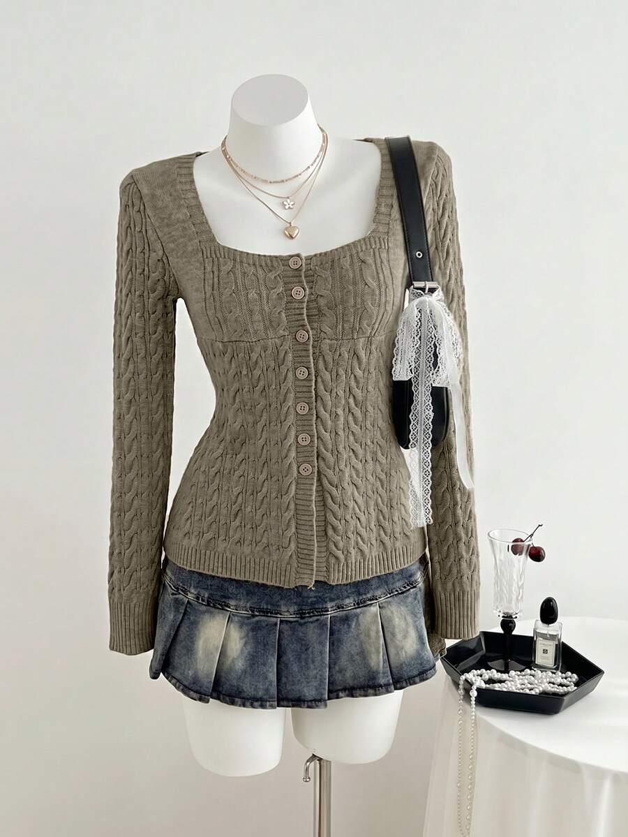 Elamini Vintage lässiger Damen Strickjacke mit Knopfleiste und Langarm - Mokka-Braun - Übersicht 1