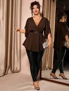Cravure Plus Size Women's Solid Color V-Neck Casual Versatile Daily Outing Shirt - Brown - View 3