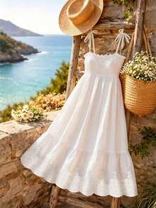 SHEIN Franclia Vestido de tirantes casual de unicolor bordado para vacaciones de mujer - Blanco - Ver 1