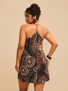 Travachic Plus Size Women's Floral Print Casual Halter Neck Vacation Dress - Black - View 2