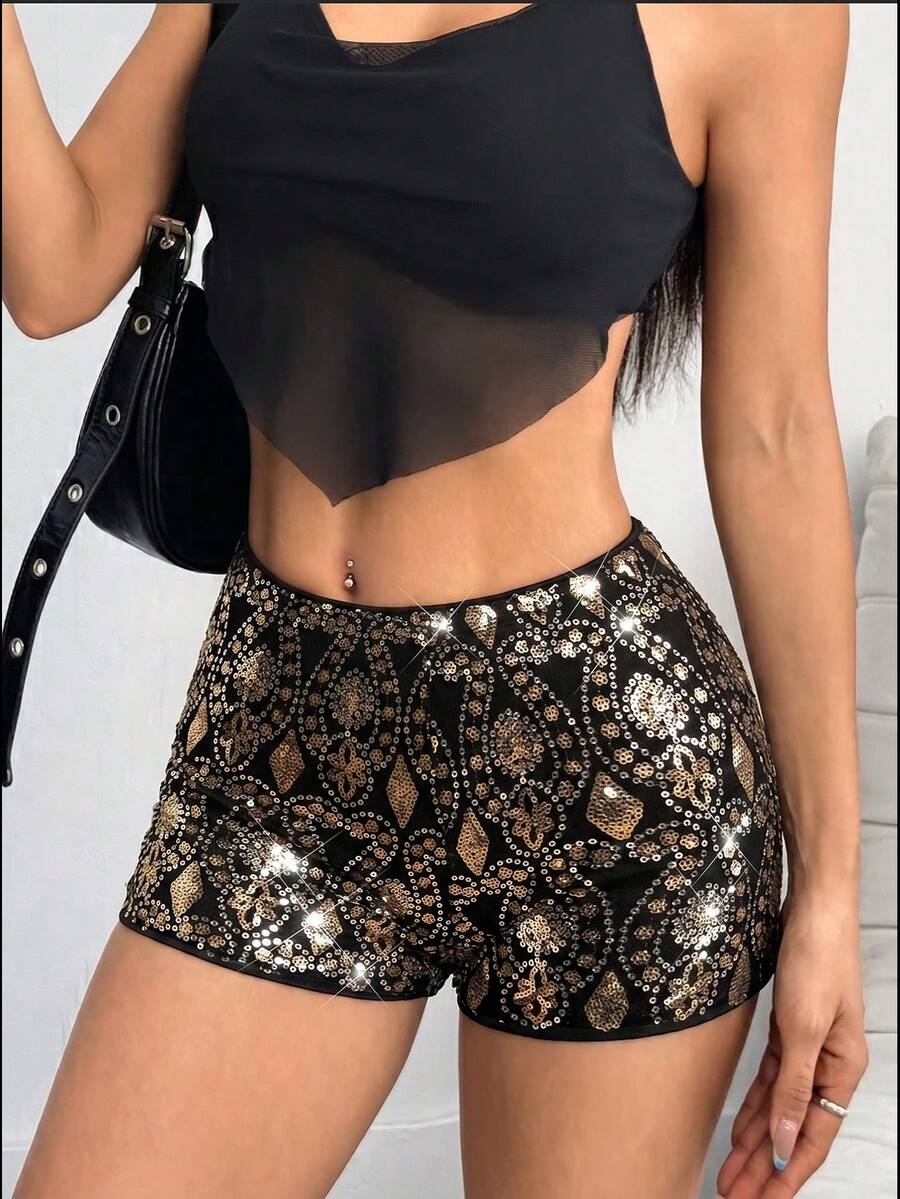 Glamine Women's Sexy Y2K Black Gold Sequin Shorts Gitter Embroidered HighWaist Bodycon Hot Pants, Soft Lined Party Clubwear Rave Beach Summer Festival Night - Black - View 1