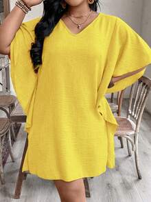 EMERY ROSE Vestido de uso diario casual de unicolor con cuello en V para mujer de talla grande - Amarillo claro - Ver 4