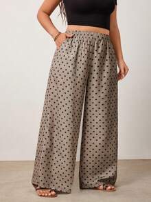 Enliva Plus Size Women's Polka Dot Wide Leg Pants – Flowy Elastic Waist Design For A Relaxed, Chic Everyday Look Vacation Autumn, For Apple And Rounded Body Shape - Khaki - View 3