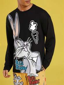 LOONEY TUNES X SHEIN Set de 2 piezas de ropa informal para hombre con camiseta de manga larga con estampado de retrato y pantalones con estampado total - Negro - Ver 3