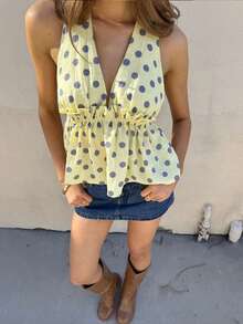 Serisse Women's Yellow Polka Dot Halter Backless Top, Summer - Multicolor - View 6