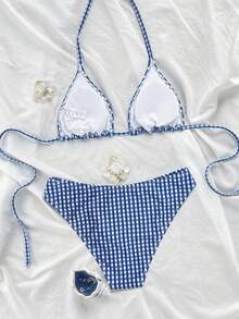 Swim Vcay Women's Summer Blue Tone Fan Print New Sexy Halter Neck Low Waist Triangle Bikini Set - Navy Blue - View 2