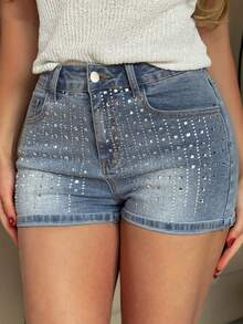 DAZY Western Cowgirl Rhinestone Embellished Skinny Sexy Denim Shorts For Summer - Blue - View 8