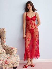 Elorette 酒紅色蕾絲拼接透視深V長版女款睡袍，優雅迷人純真浪漫 - 酒紅色 - 查看 3