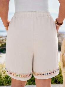 EMERY ROSE Plus Size Women's Summer Beige Sequin Lace Pocket Drawstring Waist Shorts,Boho Beach Holiday Casual Vacation Loose Bermuda Shorts,Spring Break Outfits - Multicolor - View 2