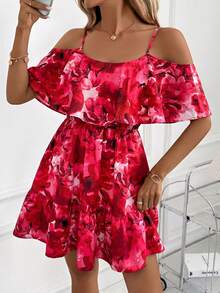 SHEIN Clasi 女款細肩帶露肩印花迷你洋裝 - 紅色 - 查看 5