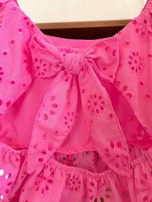 SHEIN LMoss Kids 少女刺繡蝴蝶結背心上衣，百搭夏季度假穿搭 - 玫紅色 - 查看 3