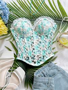 Soleia 女款浪漫春夏度假上衣，雛菊刺繡、紋理印花與3D花卉裝飾，休閒上衣，適合約會、情人節、下午茶、海灘、郵輪、公路旅行、城市度假、音樂節、派對，波希米亞、波西米亞風、嬉皮、西部風格，百搭內搭/外穿，四季穿著，日常通勤 - 薄荷綠 - 查看 6