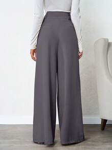 SHEIN Tall 100%纯棉高腰女士米色深褶亚麻长裤 - 灰色 - 查看 2