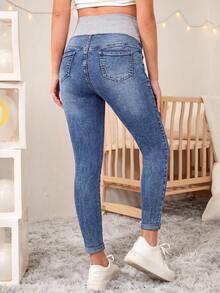 SHEIN Maternity High Waist Skinny Casual Versatile Denim Long Pants - Light Wash - View 2