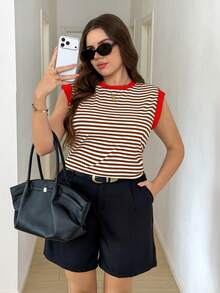 Easowa Curve Plus Size Women's White Crew Neck Casual Smart Casual Versatile T-Shirt Brunch Summer - Multicolor - View 1